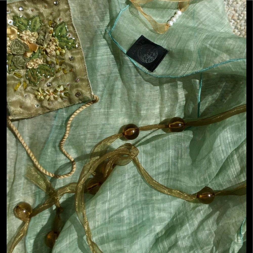 NATORI Sheer Aqua Shawl Scarf Beaded VTG Uniquely Yours - Picture 2 of 16